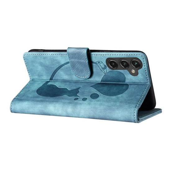 For Samsung Galaxy S24+ 5G Pen Heart Cat Embossed Leather Phone Case(Blue)