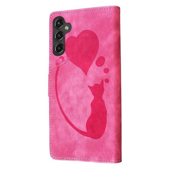 For Samsung Galaxy S24+ 5G Pen Heart Cat Embossed Leather Phone Case(Pink)