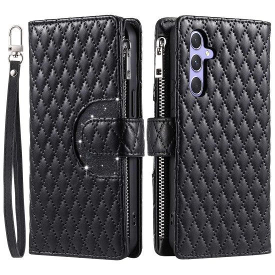 For Samsung Galaxy S24+ 5G Glitter Lattice Zipper Wallet Leather Phone Case(Black)