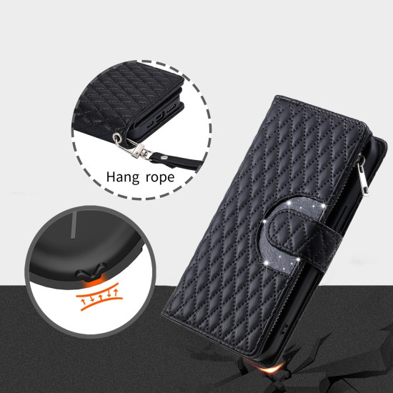 For Samsung Galaxy S24+ 5G Glitter Lattice Zipper Wallet Leather Phone Case(Black)