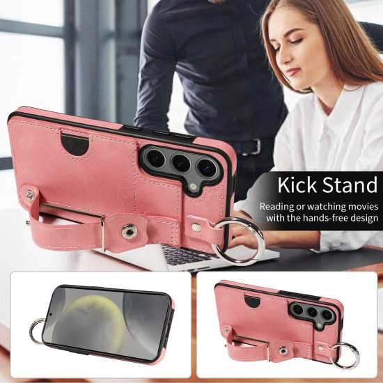 For Samsung Galaxy S24+ 5G Calf Texture Wrist Card Slot Ring Phone Case(Pink)