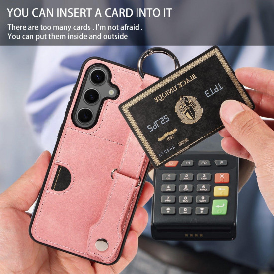 For Samsung Galaxy S24+ 5G Calf Texture Wrist Card Slot Ring Phone Case(Pink)