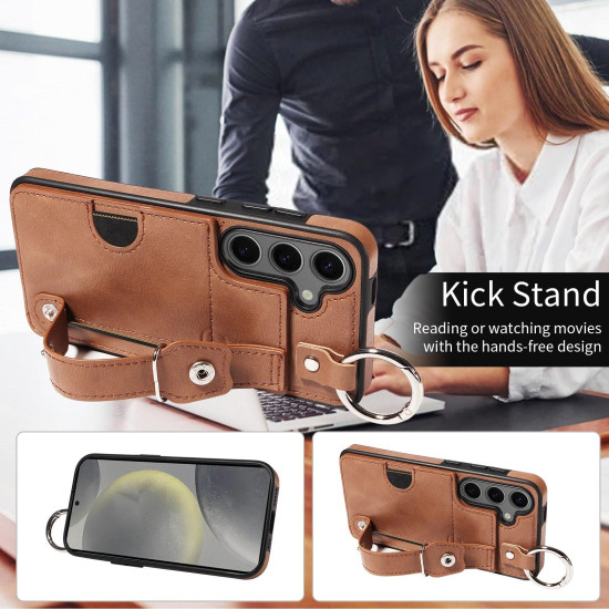 For Samsung Galaxy S24+ 5G Calf Texture Wrist Card Slot Ring Phone Case(Brown)