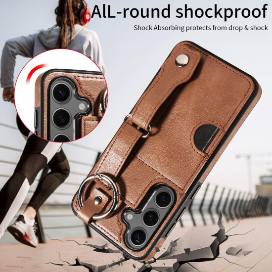 For Samsung Galaxy S24+ 5G Calf Texture Wrist Card Slot Ring Phone Case(Brown)