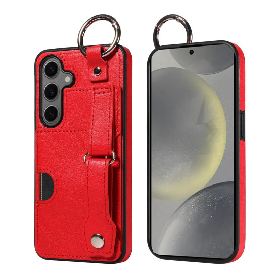 For Samsung Galaxy S24+ 5G Calf Texture Wrist Card Slot Ring Phone Case(Red)