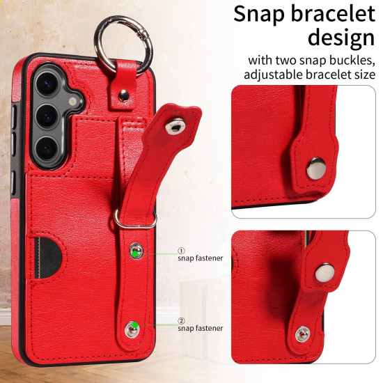 For Samsung Galaxy S24+ 5G Calf Texture Wrist Card Slot Ring Phone Case(Red)