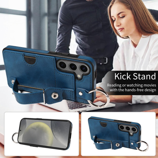 For Samsung Galaxy S24+ 5G Calf Texture Wrist Card Slot Ring Phone Case(Blue)