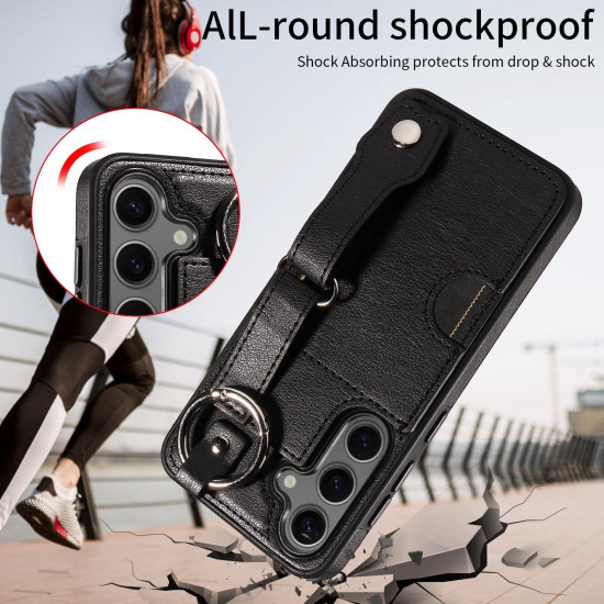 For Samsung Galaxy S24+ 5G Calf Texture Wrist Card Slot Ring Phone Case(Black)