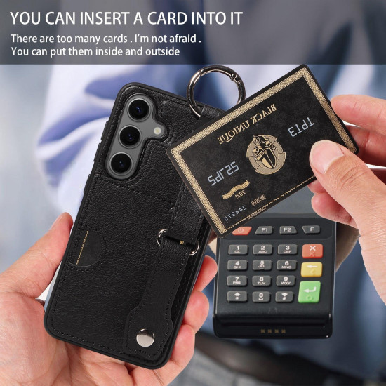 For Samsung Galaxy S24+ 5G Calf Texture Wrist Card Slot Ring Phone Case(Black)
