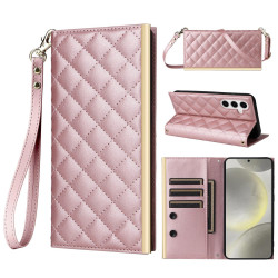 For Samsung Galaxy S24+ / S25+ 5G Crossbody Rhombic Sucker Leather Phone Case(Rose Gold)