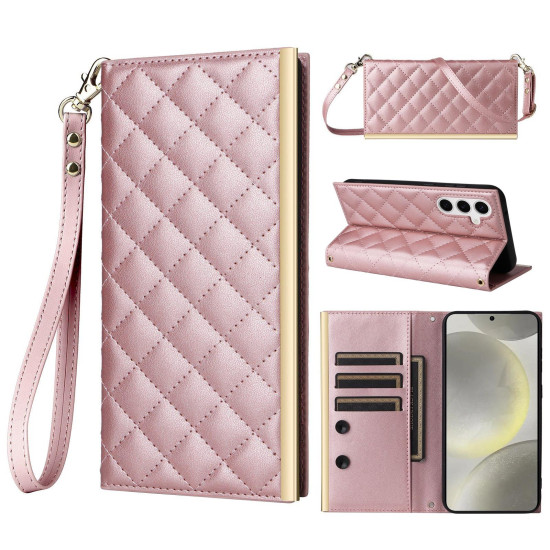 For Samsung Galaxy S24+ / S25+ 5G Crossbody Rhombic Sucker Leather Phone Case(Rose Gold)