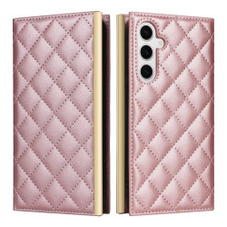 For Samsung Galaxy S24+ / S25+ 5G Crossbody Rhombic Sucker Leather Phone Case(Rose Gold)