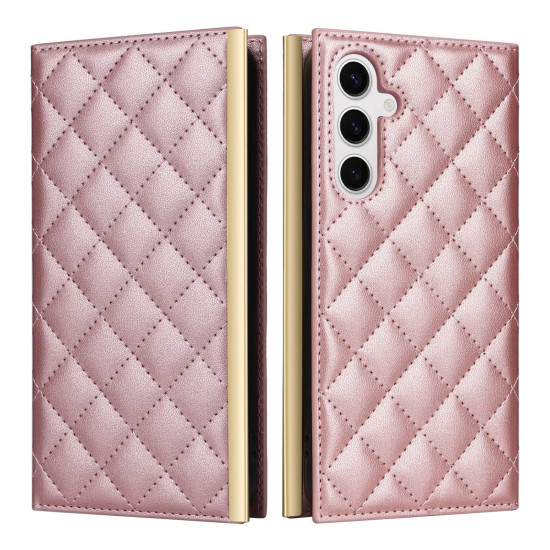 For Samsung Galaxy S24+ / S25+ 5G Crossbody Rhombic Sucker Leather Phone Case(Rose Gold)