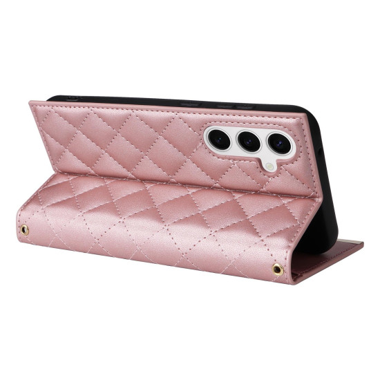 For Samsung Galaxy S24+ / S25+ 5G Crossbody Rhombic Sucker Leather Phone Case(Rose Gold)