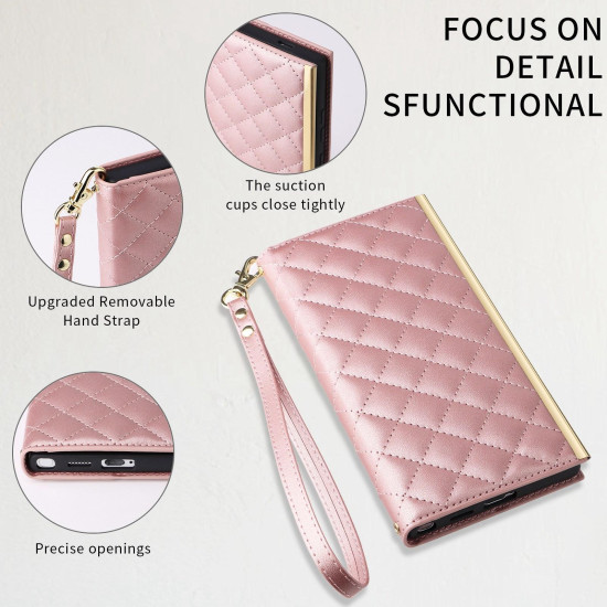 For Samsung Galaxy S24+ / S25+ 5G Crossbody Rhombic Sucker Leather Phone Case(Rose Gold)
