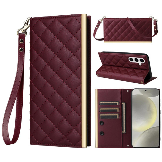 For Samsung Galaxy S24+ / S25+ 5G Crossbody Rhombic Sucker Leather Phone Case(Claret)
