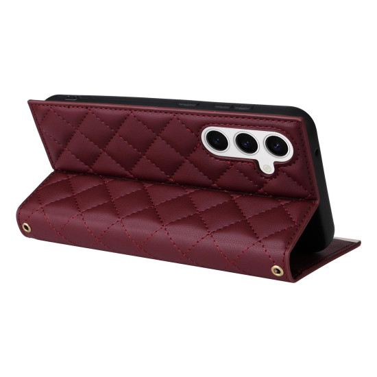 For Samsung Galaxy S24+ / S25+ 5G Crossbody Rhombic Sucker Leather Phone Case(Claret)