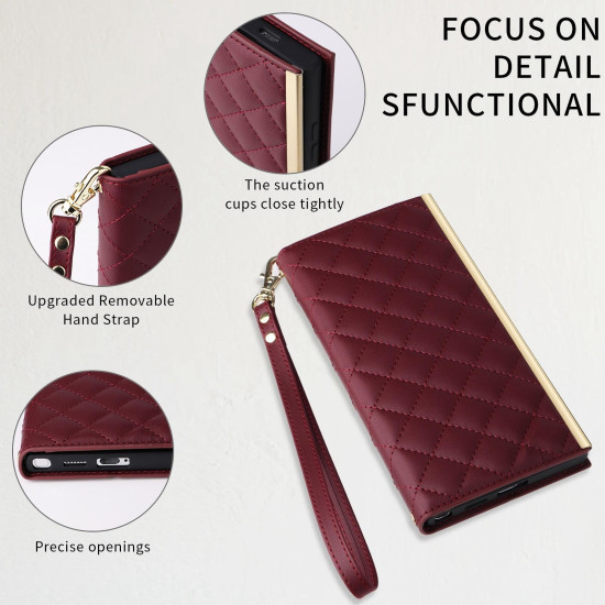 For Samsung Galaxy S24+ / S25+ 5G Crossbody Rhombic Sucker Leather Phone Case(Claret)