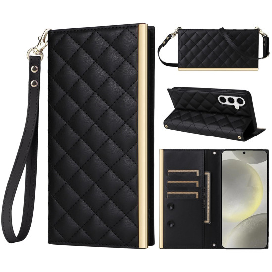 For Samsung Galaxy S24+ / S25+ 5G Crossbody Rhombic Sucker Leather Phone Case(Black)
