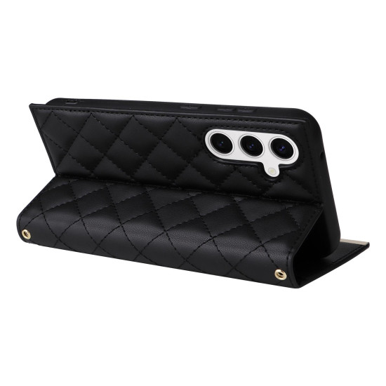 For Samsung Galaxy S24+ / S25+ 5G Crossbody Rhombic Sucker Leather Phone Case(Black)