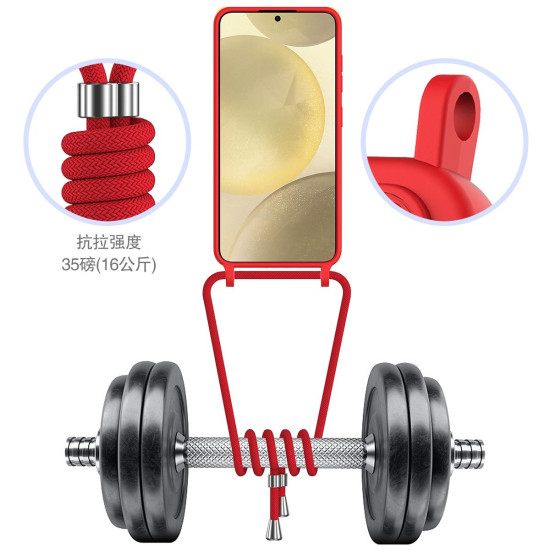 For Samsung Galaxy S24+ 5G Integrated Card Bag Solid Color Liquid Silicone Phone Case with Lanyard(Red)