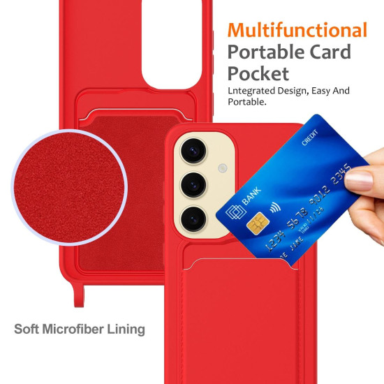 For Samsung Galaxy S24+ 5G Integrated Card Bag Solid Color Liquid Silicone Phone Case with Lanyard(Red)