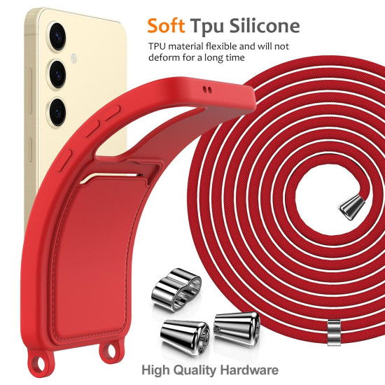 For Samsung Galaxy S24+ 5G Integrated Card Bag Solid Color Liquid Silicone Phone Case with Lanyard(Red)