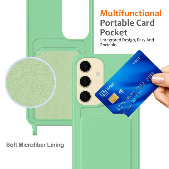 For Samsung Galaxy S24+ 5G Integrated Card Bag Solid Color Liquid Silicone Phone Case with Lanyard(Green)