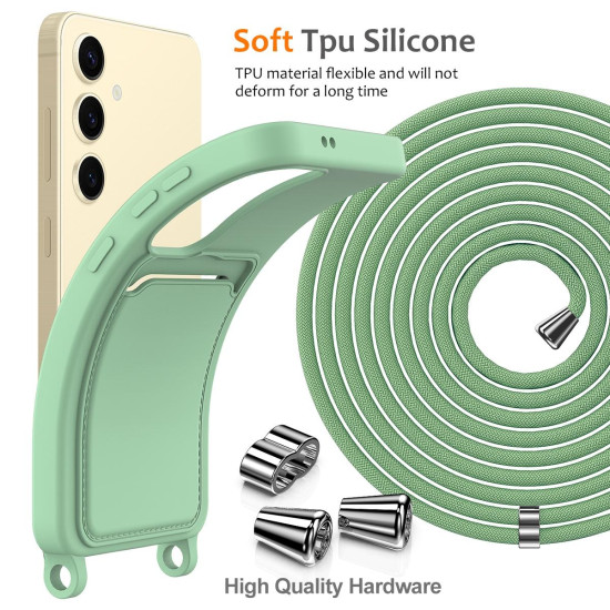 For Samsung Galaxy S24+ 5G Integrated Card Bag Solid Color Liquid Silicone Phone Case with Lanyard(Green)