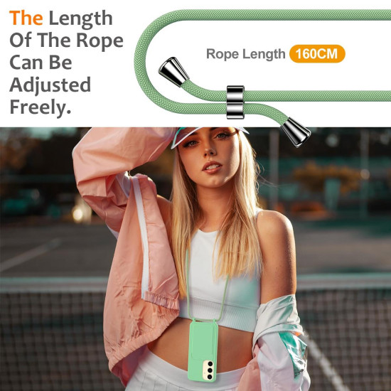 For Samsung Galaxy S24+ 5G Integrated Card Bag Solid Color Liquid Silicone Phone Case with Lanyard(Green)