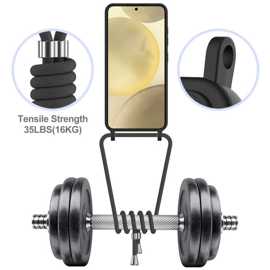 For Samsung Galaxy S24+ 5G Integrated Card Bag Solid Color Liquid Silicone Phone Case with Lanyard(Black)