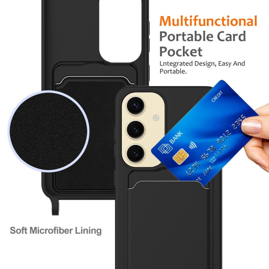 For Samsung Galaxy S24+ 5G Integrated Card Bag Solid Color Liquid Silicone Phone Case with Lanyard(Black)