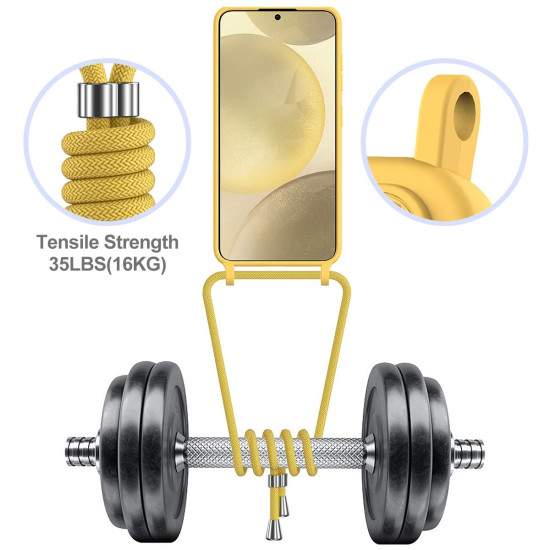 For Samsung Galaxy S24+ 5G Integrated Card Bag Solid Color Liquid Silicone Phone Case with Lanyard(Yellow)