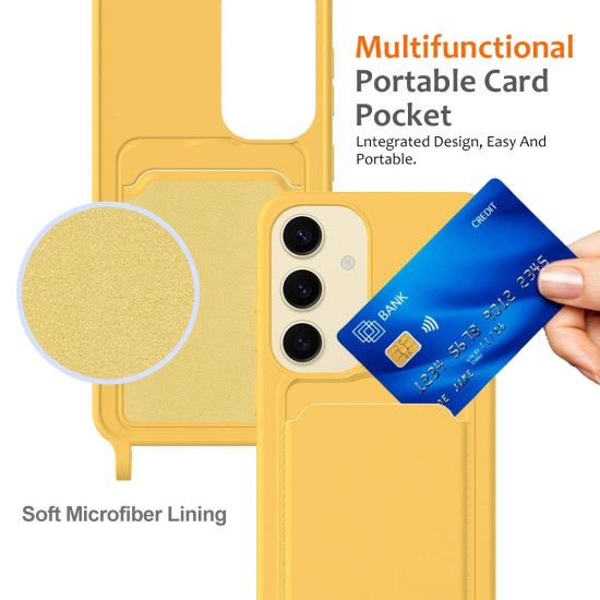 For Samsung Galaxy S24+ 5G Integrated Card Bag Solid Color Liquid Silicone Phone Case with Lanyard(Yellow)