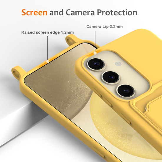 For Samsung Galaxy S24+ 5G Integrated Card Bag Solid Color Liquid Silicone Phone Case with Lanyard(Yellow)