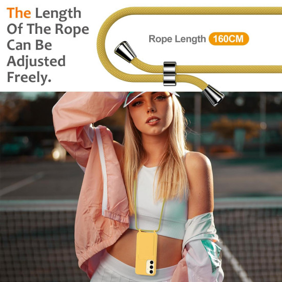 For Samsung Galaxy S24+ 5G Integrated Card Bag Solid Color Liquid Silicone Phone Case with Lanyard(Yellow)