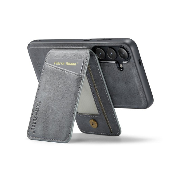 For Samsung Galaxy S24+ 5G Fierre Shann Cowhide Vertical Flip Magnetic Card Holder Phone Case(Grey)