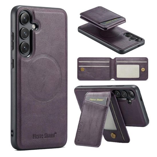 For Samsung Galaxy S24+ 5G Fierre Shann Cowhide Vertical Flip Magnetic Card Holder Phone Case(Purple)