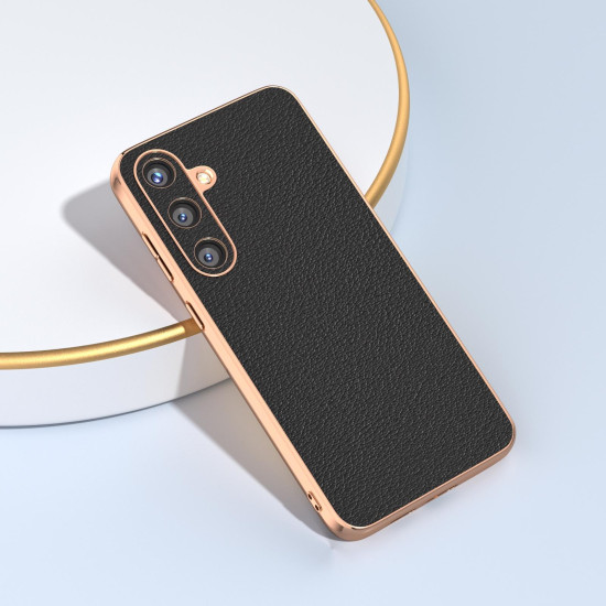 For Samsung Galaxy S24+ 5G Nano Plating Genuine Leather Wave Series Phone Case(Black)