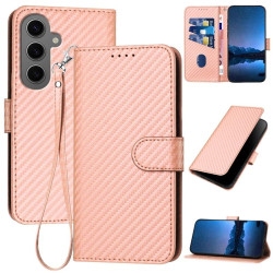 For Samsung Galaxy S24+ 5G YX0070 Carbon Fiber Buckle Leather Phone Case with Lanyard(Pink)