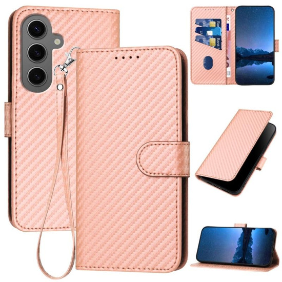 For Samsung Galaxy S24+ 5G YX0070 Carbon Fiber Buckle Leather Phone Case with Lanyard(Pink)