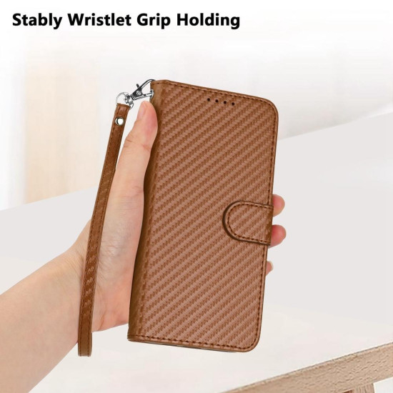 For Samsung Galaxy S23+ 5G YX0070 Carbon Fiber Buckle Leather Phone Case with Lanyard(Coffee)