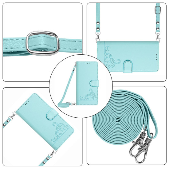 For Samsung Galaxy S24+ 5G Cat Rat Embossed Pattern RFID Leather Phone Case with Lanyard(Mint Green)