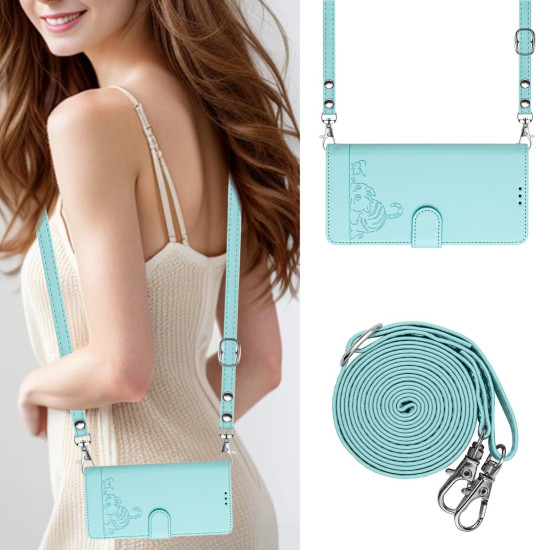 For Samsung Galaxy S24+ 5G Cat Rat Embossed Pattern RFID Leather Phone Case with Lanyard(Mint Green)