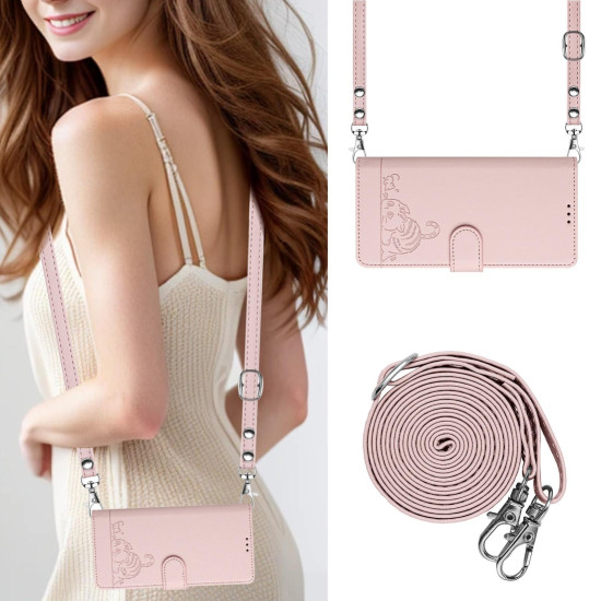 For Samsung Galaxy S24+ 5G Cat Rat Embossed Pattern RFID Leather Phone Case with Lanyard(Pink)