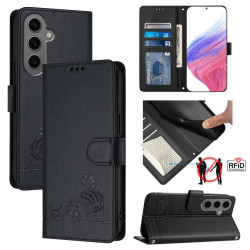 For Samsung Galaxy S24+ 5G Cat Rat Embossed Pattern RFID Leather Phone Case with Lanyard(Black)