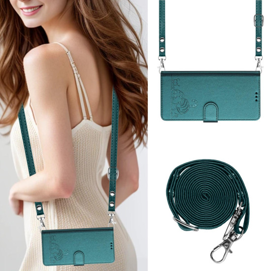 For Samsung Galaxy S24+ 5G Cat Rat Embossed Pattern RFID Leather Phone Case with Lanyard(Peacock Green)