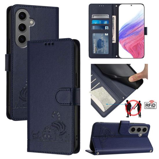 For Samsung Galaxy S24+ 5G Cat Rat Embossed Pattern RFID Leather Phone Case with Lanyard(Blue)
