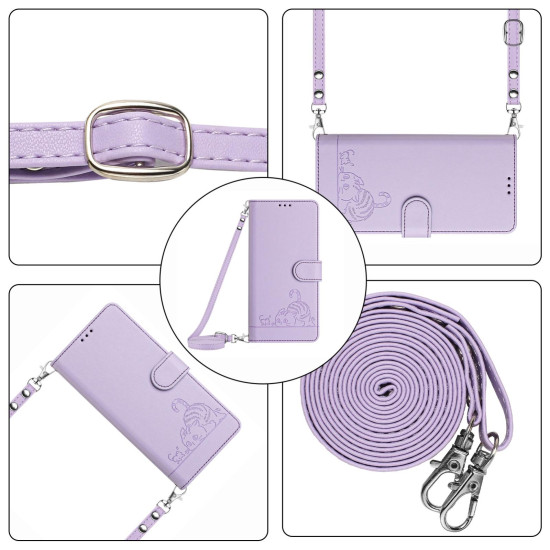For Samsung Galaxy S24+ 5G Cat Rat Embossed Pattern RFID Leather Phone Case with Lanyard(Purple)