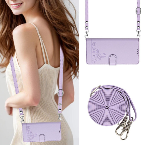 For Samsung Galaxy S24+ 5G Cat Rat Embossed Pattern RFID Leather Phone Case with Lanyard(Purple)
